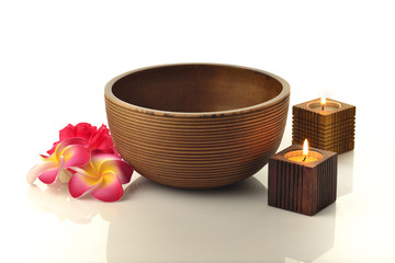 Wooden Spa Bowl With Candles and Flowers