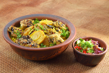 Maklyuba. Traditional Middle Eastern dish cooked with spices - Stock photo
