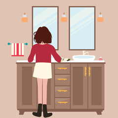 woman girl washing hands on washbasin faucet sink counter toilet bathroom interior