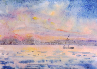 Sailboat in the sea at sunset. Watercolor painting