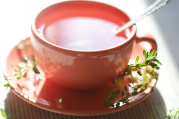 Hot tea cup with thyme top view