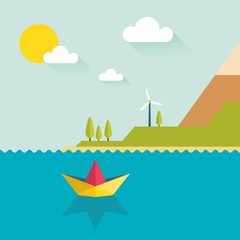 Origami paper boat in flat design with island. Summer vacation.