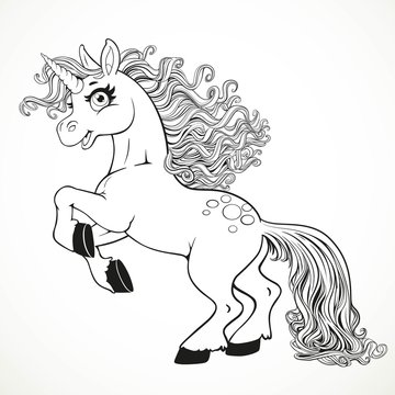 Cute fairytale unicorn rearing up outlined for coloring book iso