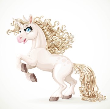 Cute fairytale unicorn with golden mane rearing up isolated on a