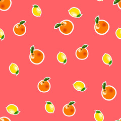 Seamless pattern with small lemon, orange stickers. Fruit isolated on a red background
