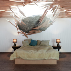 bedroom and falling stone conceptual 3d illustration © denisgo