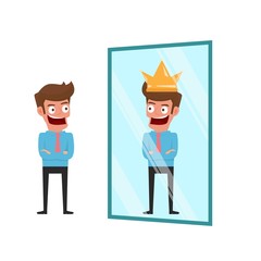 Businessman standing in front of mirror can see successful reflection. Business success concept. Cartoon Vector Illustration.