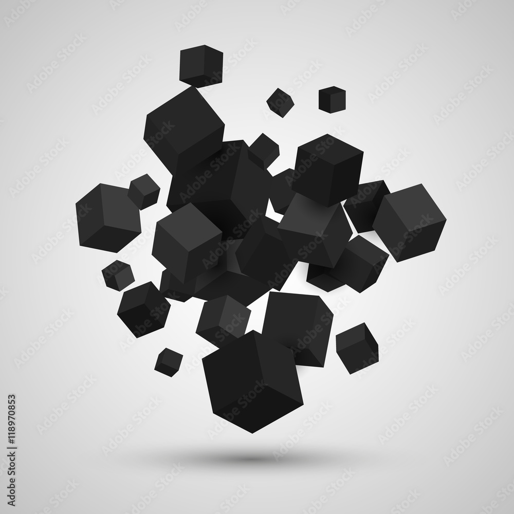 Poster 3d cubes. vector geometric background with black cubes.