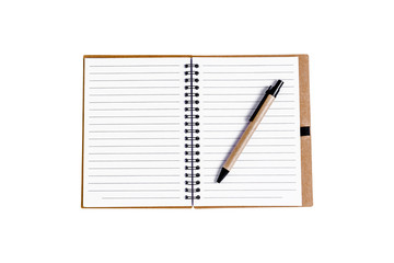 Open note book with pen isolated on white background