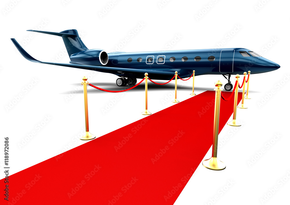 Poster luxury airplane on red carpet / 3d render image representing a very important person plane