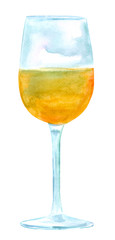 Glass of white wine on white background, watercolour drawing