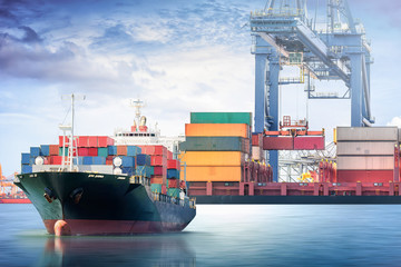 Container Cargo ship with working crane bridge in seaport for lo - obrazy, fototapety, plakaty