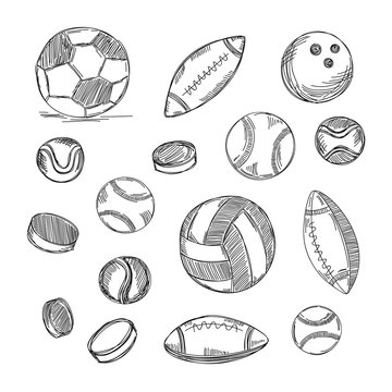 Different types of balls set. Sports doodles