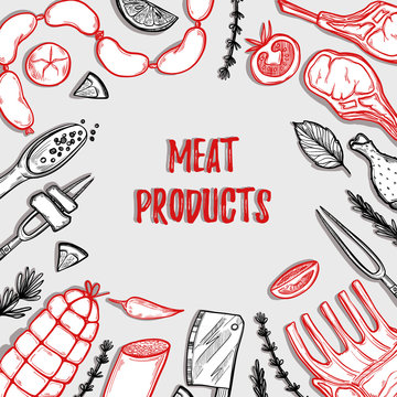 Hand drawn vector illustration - Meat products (chicken, pork, s