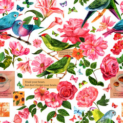 Seamless pattern with hand drawn watercolor birds and flowers