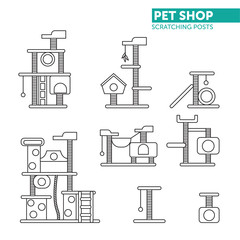 Pets shop icons vector. Scratching rope post set. Cat square house with hanging ball toy. Flat design.