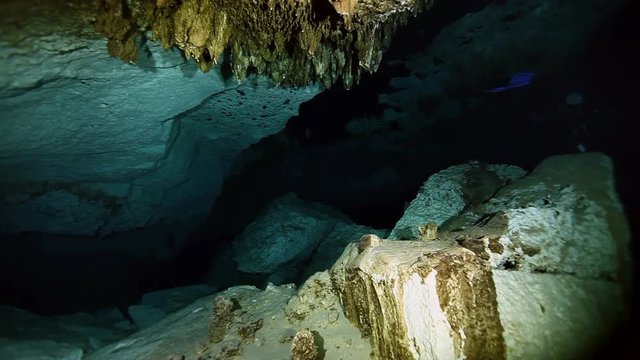 Underwater stalactites and stalagmites in landscape Mexican Sacred Mayan Cenote. Deep underground clean and clear fresh lake in cave. Unique shooting Wonders of Yucatan Peninsula nature in Dos Ojos.