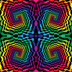Vector Illustration. Seamless Colorful and Black Wavy Striped Spirals Expanding from the Center. Optical Illusion of Perspective. Suitable for textile, fabric, packaging and web design.