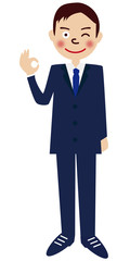 ブルーのスーツの男性 全身　OKポーズ
