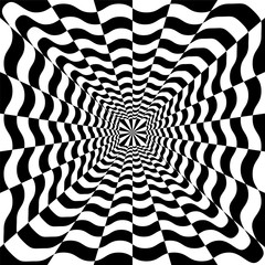 Vector Illustration.Black and White Wavy Spirals Expanding from the Center. Optical Illusion of Perspective and Volume. Suitable for textile, fabric, packaging and web design.