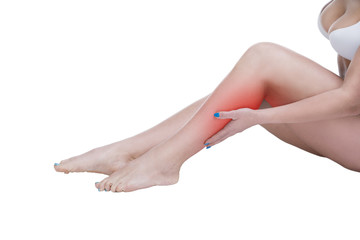 Pain in the calf muscle of the woman, massage of female feet, ache in the human body isolated on white background