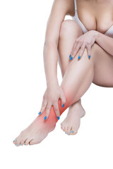 Woman with pain in the joint, massage of female feet, ache in the human body isolated on white background