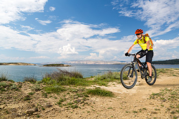 Naklejka na ściany i meble Mountain biker riding on bike at the sea and summer mountains. Sport and training outdoors.