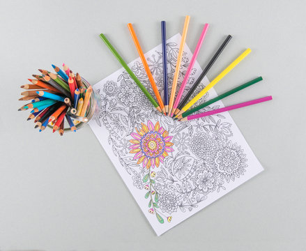 Adult Coloring Page and Bright Colored Pencils