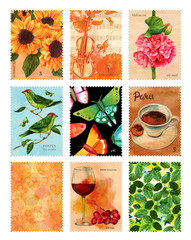 Set of postage stamps, vintage stylized, with watercolor drawing