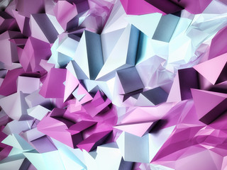 Strange abstract background with made of triangle and squares. Blue, pink, purple colors. Square composition with geometric shapes. 3d illustration
