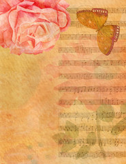 Vintage music background texture with roses and butterfly