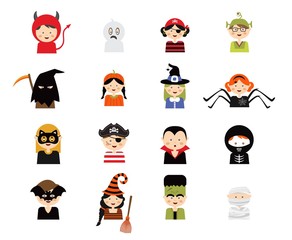 Set of 16 halloween costume characters and kids , vector illustration