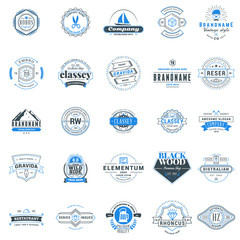 Set of retro logotype templates. Collection of 25 items. Typographic badges. Icon symbols. Labels. Black and Blue colors