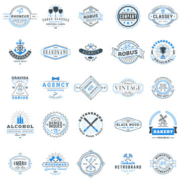 Set of retro logotype templates. Collection of 25 items. Typographic badges. Icon symbols. Labels. Black and Blue colors