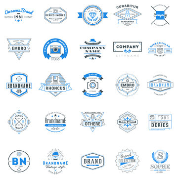 Set of retro logotype templates. Collection of 25 items. Typographic badges. Icon symbols. Labels. Black and Blue colors