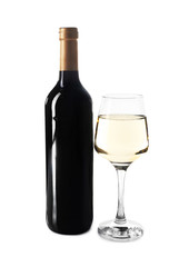 Glass of white wine and bottle isolated on white