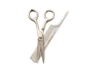 Vintage tools of barber shop on white background