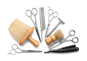 Vintage tools of barber shop on white background