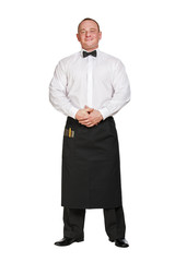 Waiter with note pad and pencil over white background.