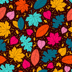 Autumn seamless pattern with seeds and leaves