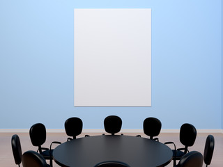 Empty meeting room and conference with black round table and group of armchair. Blue interior office with vertical poster blank mock up for design, advertising, projector, screen. 3d illustration