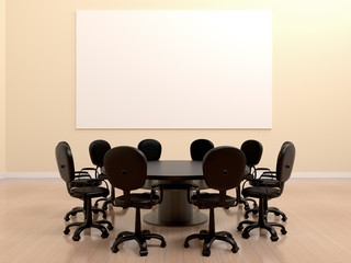 Empty meeting room and conference with black round table and group of armchair. Beige interior office with horizontal poster blank mock up for design, advertising, projector, screen. 3d illustration