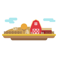 Vector Flat Style Illustration of Farm Landscape with Farmhouses and Fields on Light Background