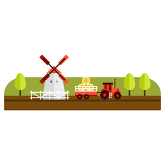Vector Flat Style Illustration of Farm Landscape with Farmhouses and Fields on Light Background