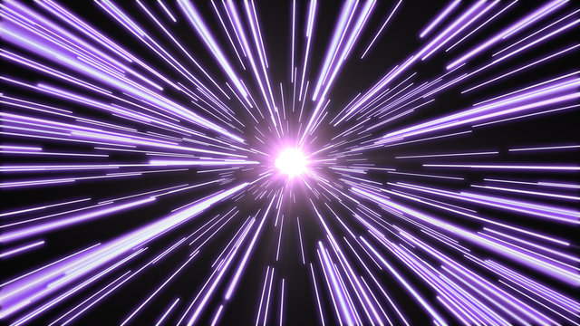 Purple lights flying past at high speed, with a bright white light at the end of the tunnel.