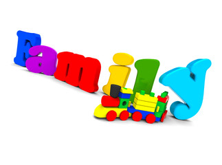 Family concept / 3D render image representing family word with toys and balloons