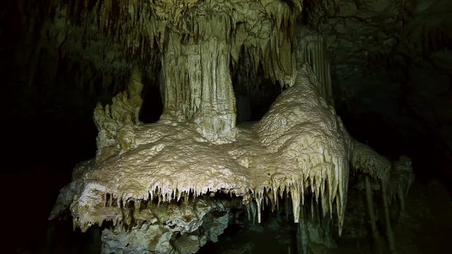 Underwater stalactites and stalagmites in landscape Mexican Sacred Mayan Cenote. Deep underground clean and clear fresh lake in cave. Unique shooting Wonders of Yucatan Peninsula nature in Dos Ojos.