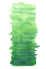 Long gradient green vertical stripe painted in watercolor on white isolated background