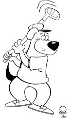 Black and white illustration of a dog swinging a golf club.