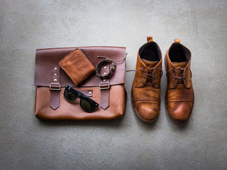 Men's casual outfits on gray background, flat lay